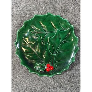 Vintage Lefton Holly Leaf Ceramic Candy Dish Christmas Green Red Berry 2048